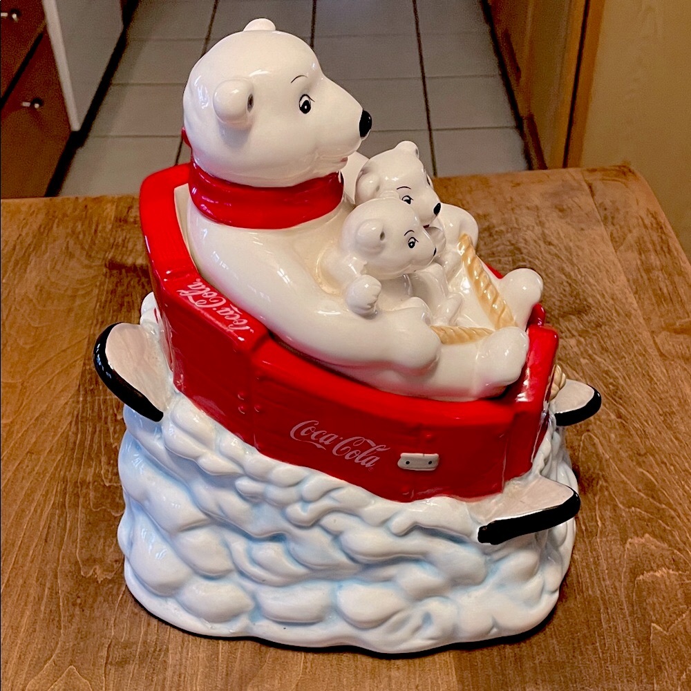 Vintage Coca-Cola Gibson Ceramic Sledding Polar Bear Family Cookie Jar